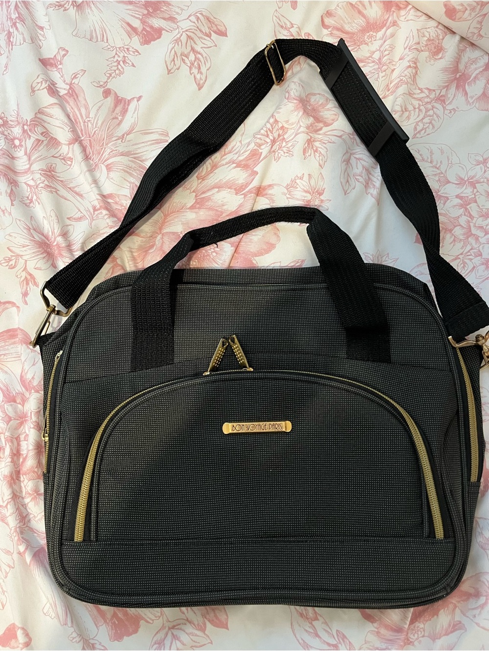 Black Travel Messenger Bag with Gold Accents